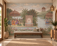 Enchanted Garden of Raag mural with peacock, pomegranate trees and green hills, GD13090