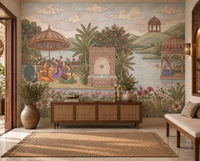 Enchanted Garden of Raag Pichwai mural in a hallway with garden musicians scene, GD13090