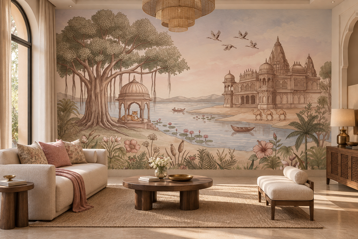Pavitra Sarovar landscape mural with a resting tiger, banyan tree, temple and camels, GD13103