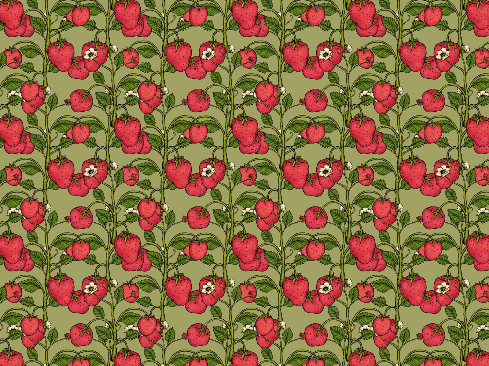 Trailing Strawberries Pink and Green Color Wallpaper