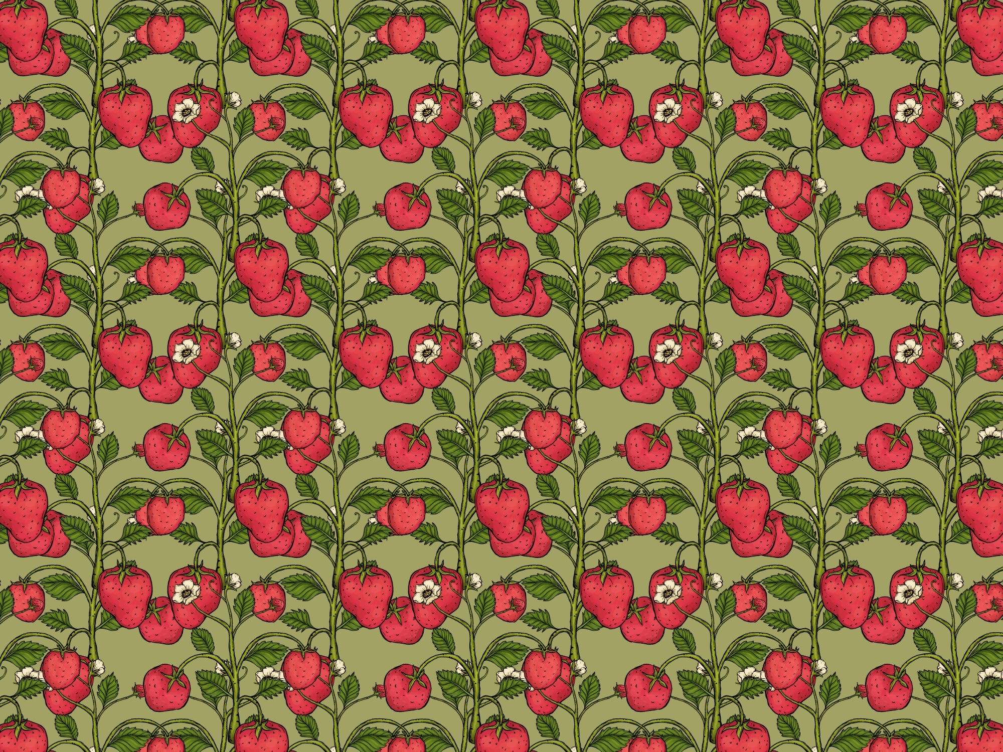 Trailing Strawberries Pink and Green Color Wallpaper in your room — zoomed