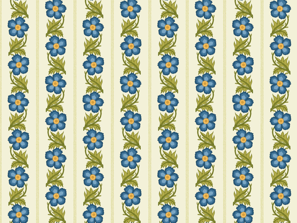 Floral Stripe Blue Wallpaper in your room — zoomed