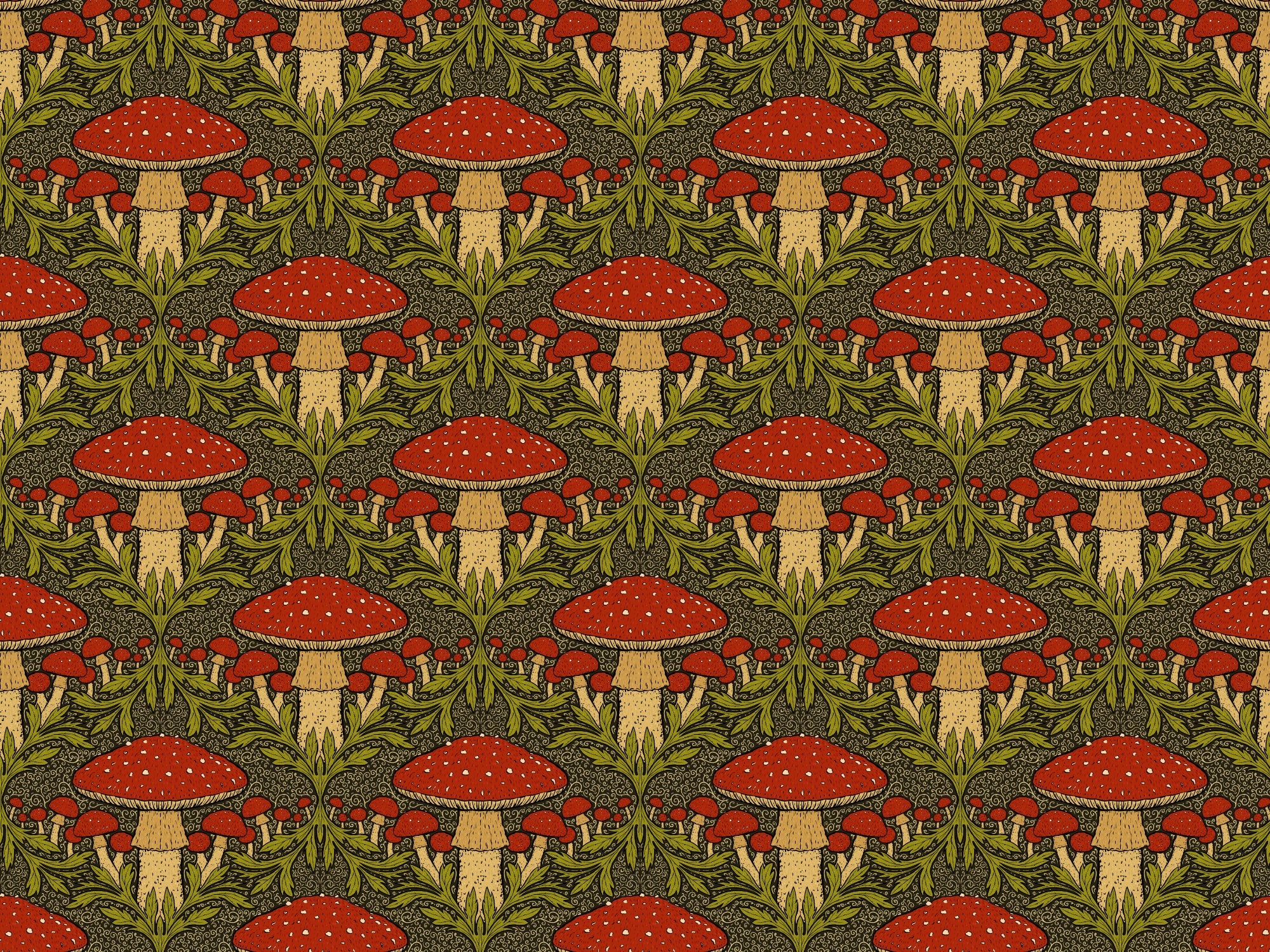 Deep Red Heritage Mushroom Wallpaper