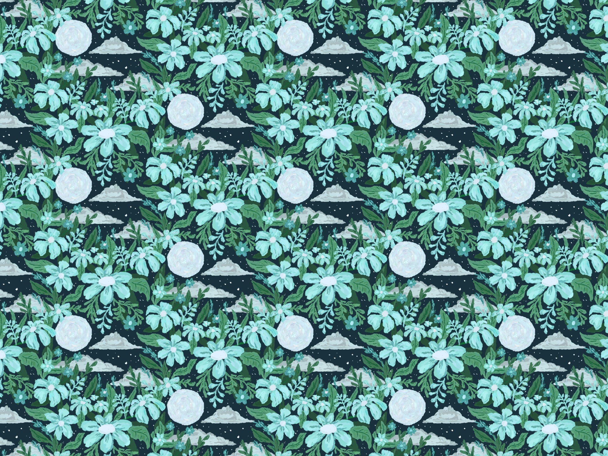 Moon Lit Garden Blue Wallpaper