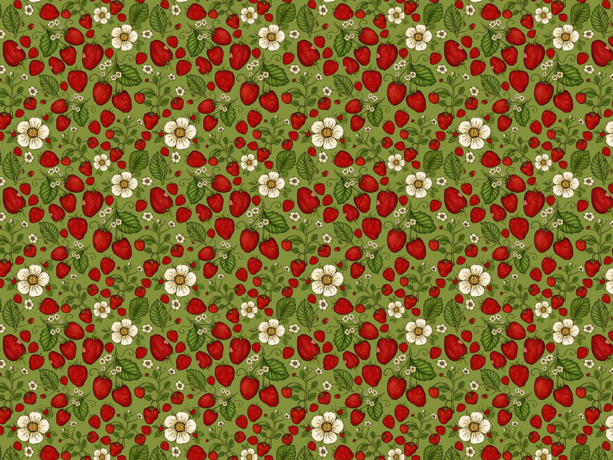 Strawberry Patch Red on Green Color Wallpaper in your room — zoomed