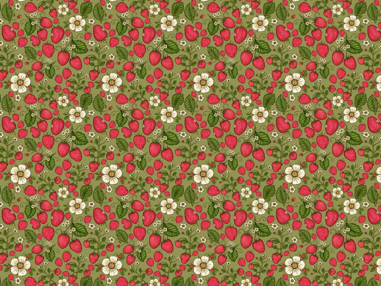 Strawberry Patch Pink on Green Wallpaper