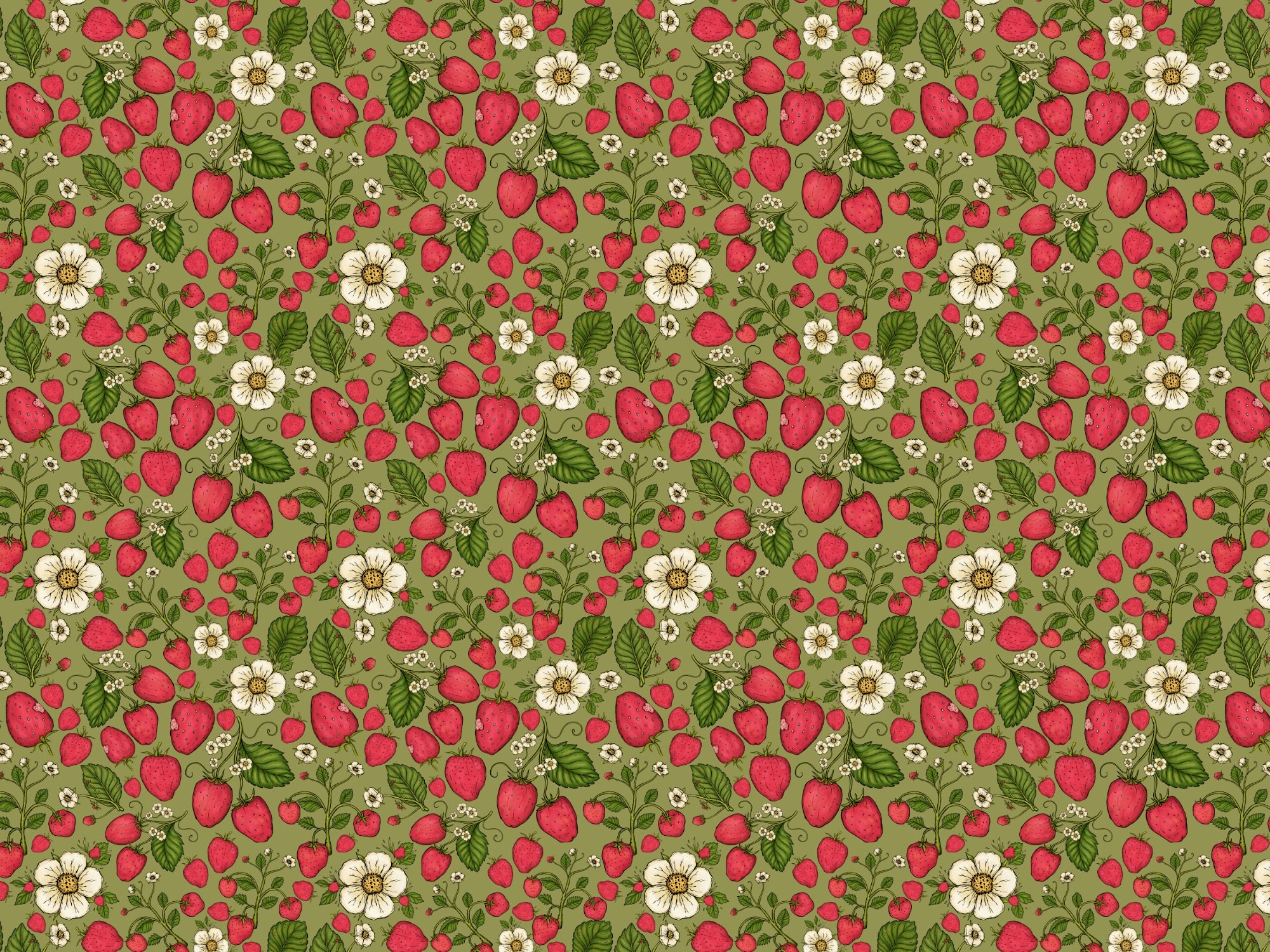 Strawberry Patch Pink on Green Wallpaper