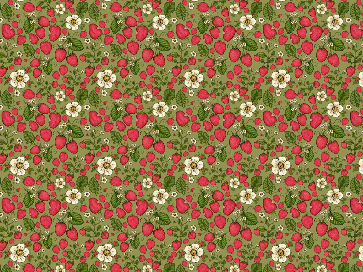 Strawberry Patch Pink on Green Wallpaper in your room — zoomed
