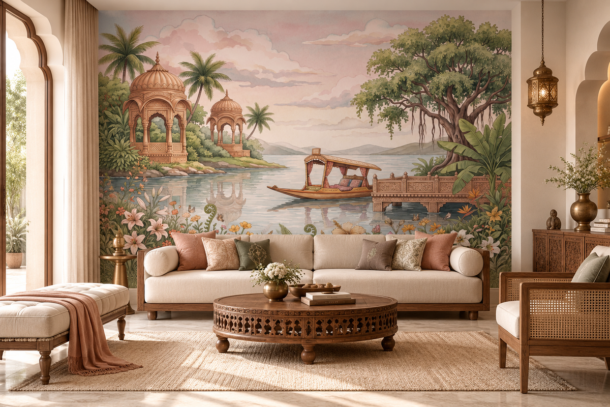Raj Angan watercolour mural with heritage pavilions, a shikara boat and sunset lake, GD13102