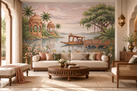 Raj Angan watercolour mural with heritage pavilions, a shikara boat and sunset lake, GD13102