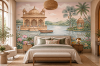 Lotus Lake Palace chinoiserie wall mural with golden domed palace, lotus pond and boat in a bedroom, GD13085