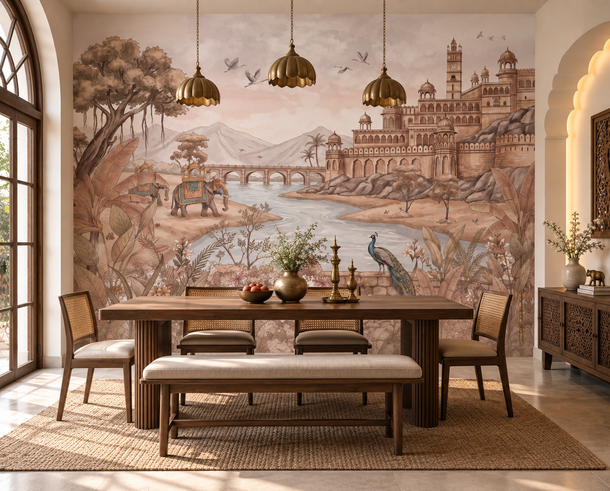 Rajputana river palace landscape wall mural in a dining room, GD13107