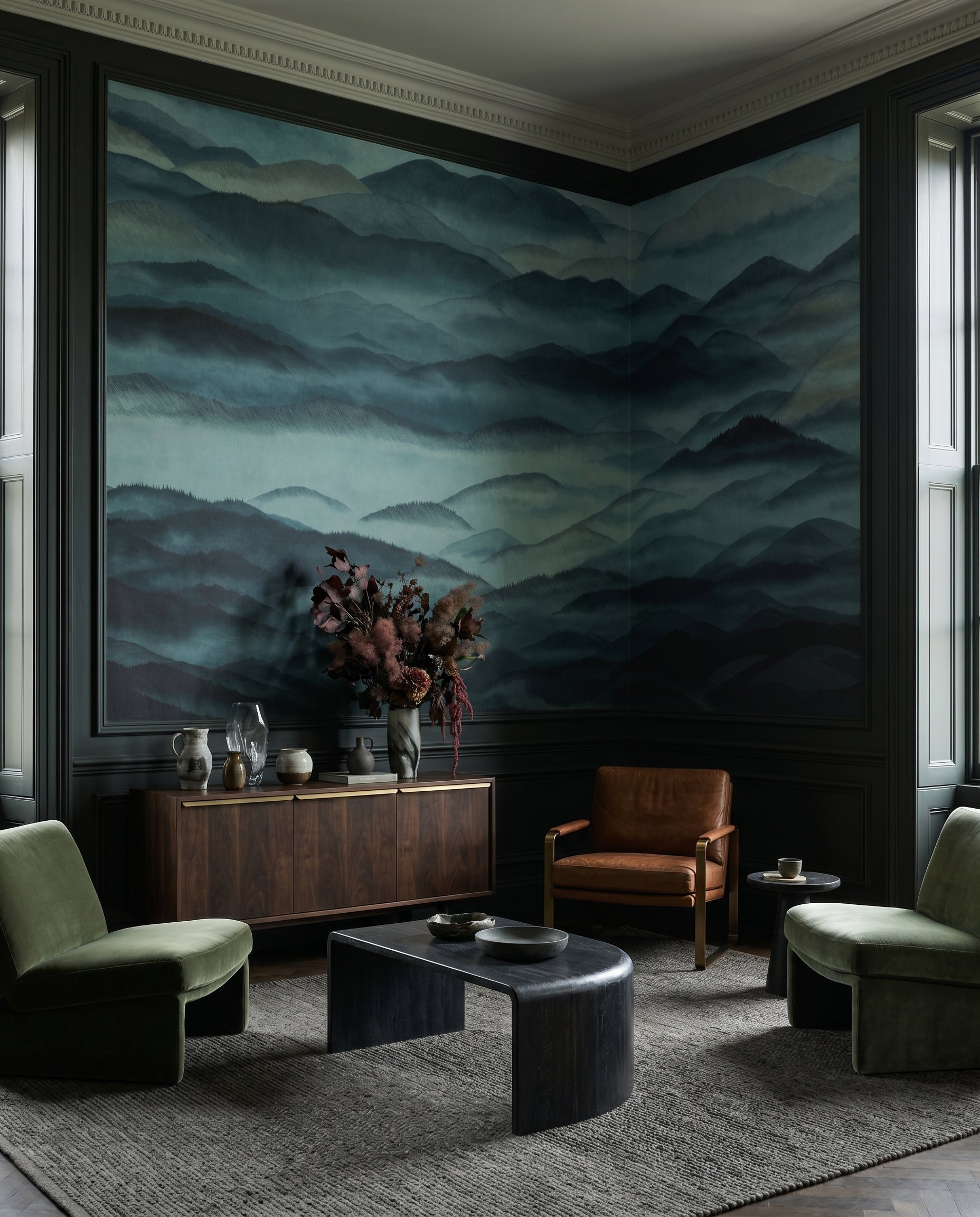 Panoramic highland wall mural in dark blue with misty tonal depth., GD10380