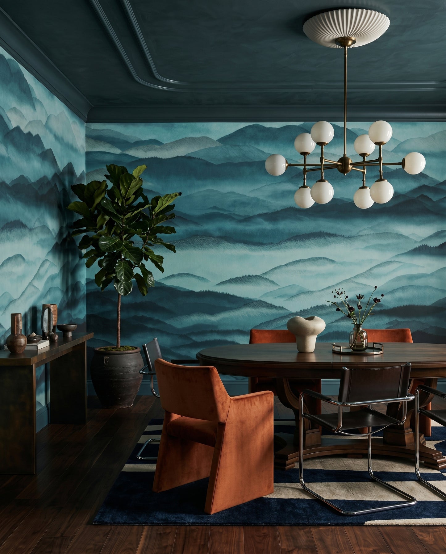 Teal and grey mountain layers wall mural with textured forest ridgelines, GD10380