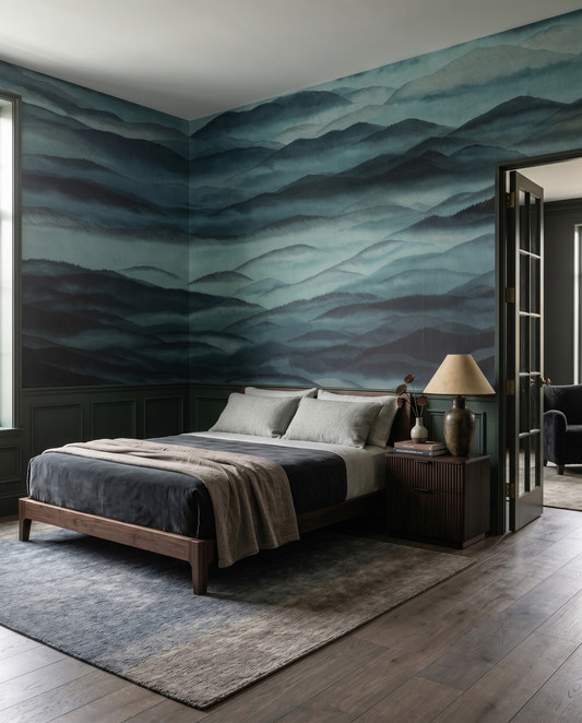 Dark teal mountain wall mural featured in a bedroom space.