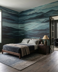 Dark teal mountain wall mural featured in a bedroom space., GD10380
