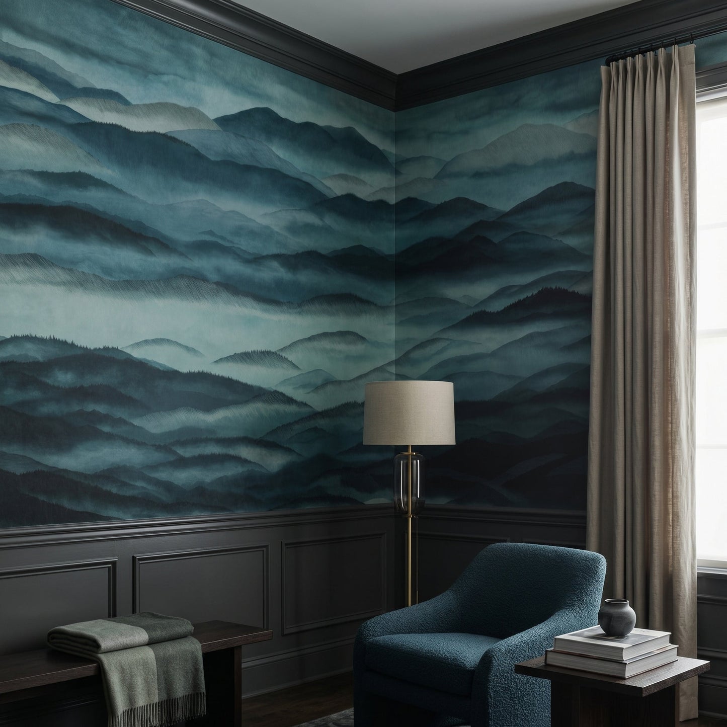 Cool-toned mountain ranges wall mural with indigo shadows and teal mist., GD10380
