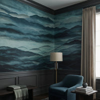 Cool-toned mountain ranges wall mural with indigo shadows and teal mist., GD10380