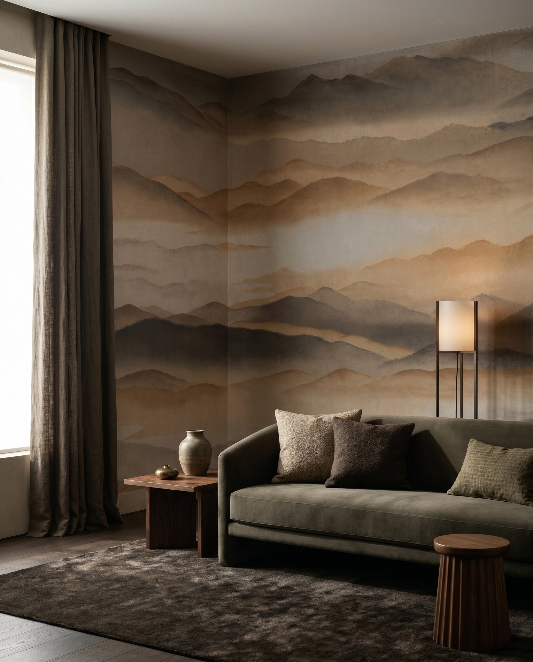 Warm-toned misty ridges mural featured across a living room wall., GD10381