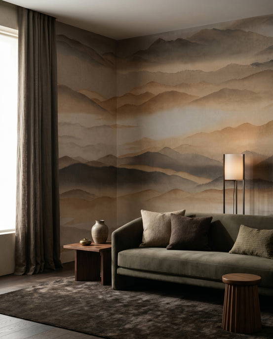 Warm-toned misty ridges mural featured across a living room wall., GD10381