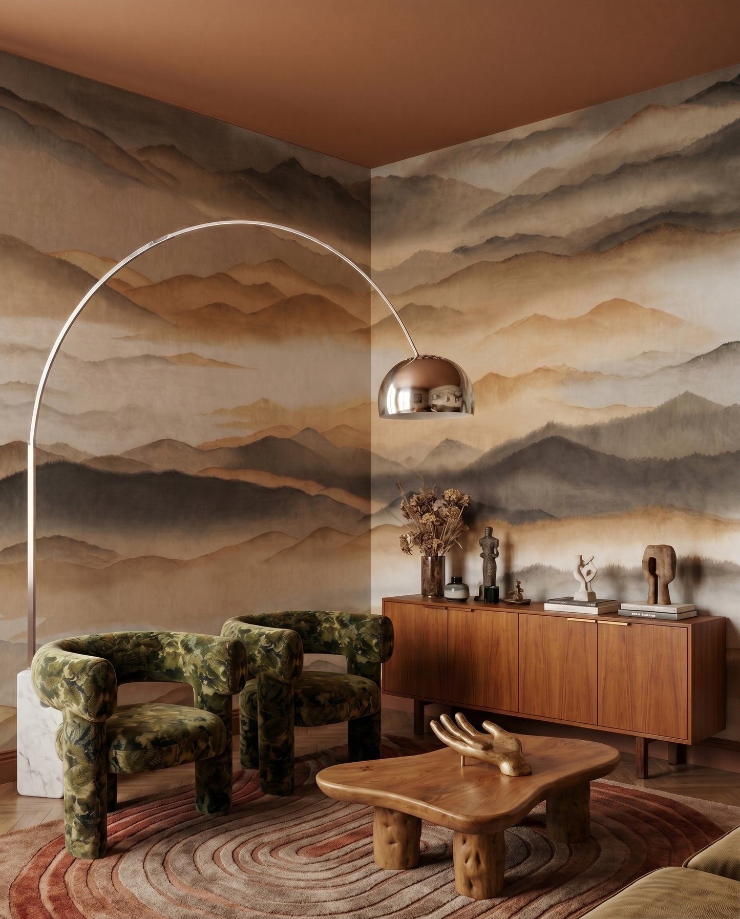 Earthy toned peaks wall mural with interplay of golden highlights and grey shadow., GD10381