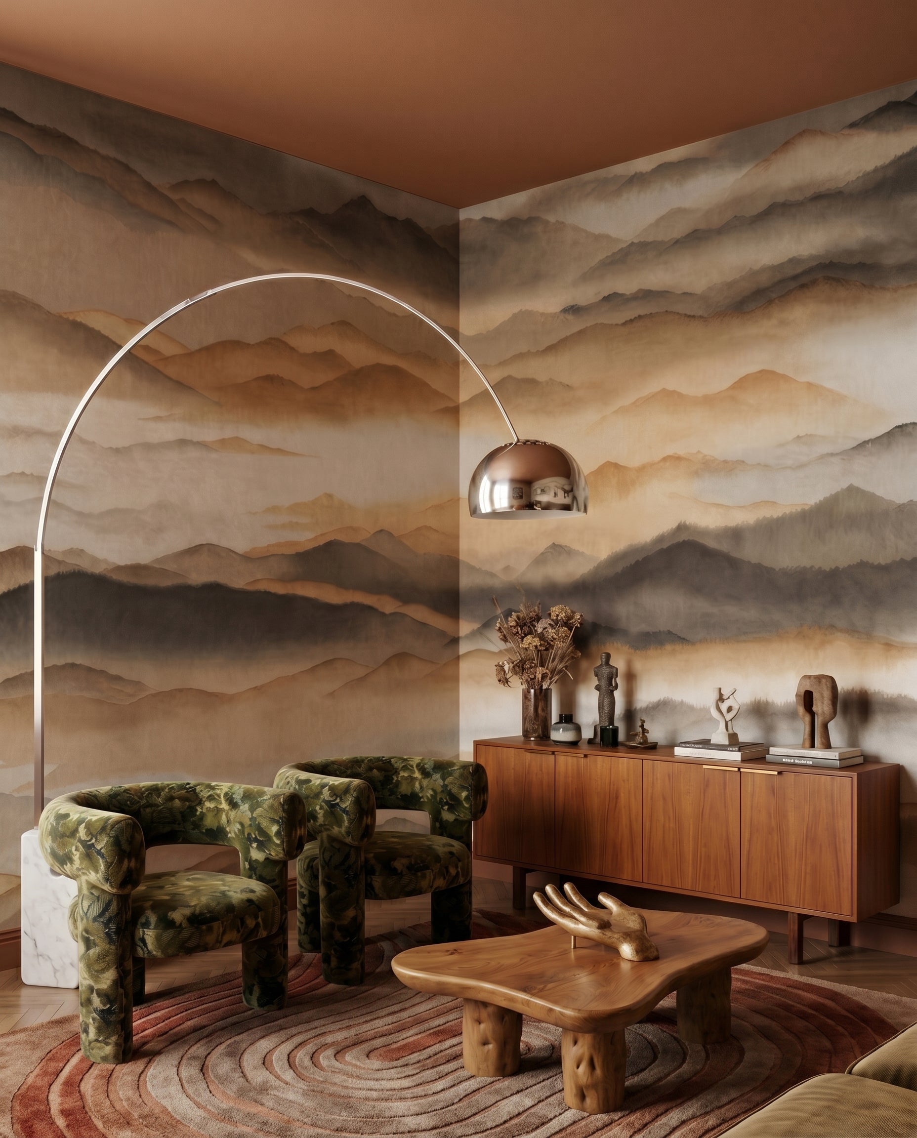Earthy toned peaks wall mural with interplay of golden highlights and grey shadow., GD10381