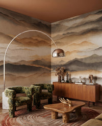 Earthy toned peaks wall mural with interplay of golden highlights and grey shadow., GD10381