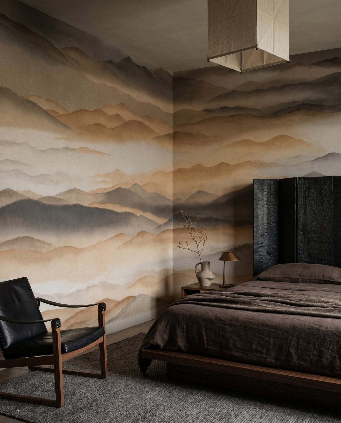 Amber mountain wall mural displayed in a bedroom with foggy horizon., GD10381