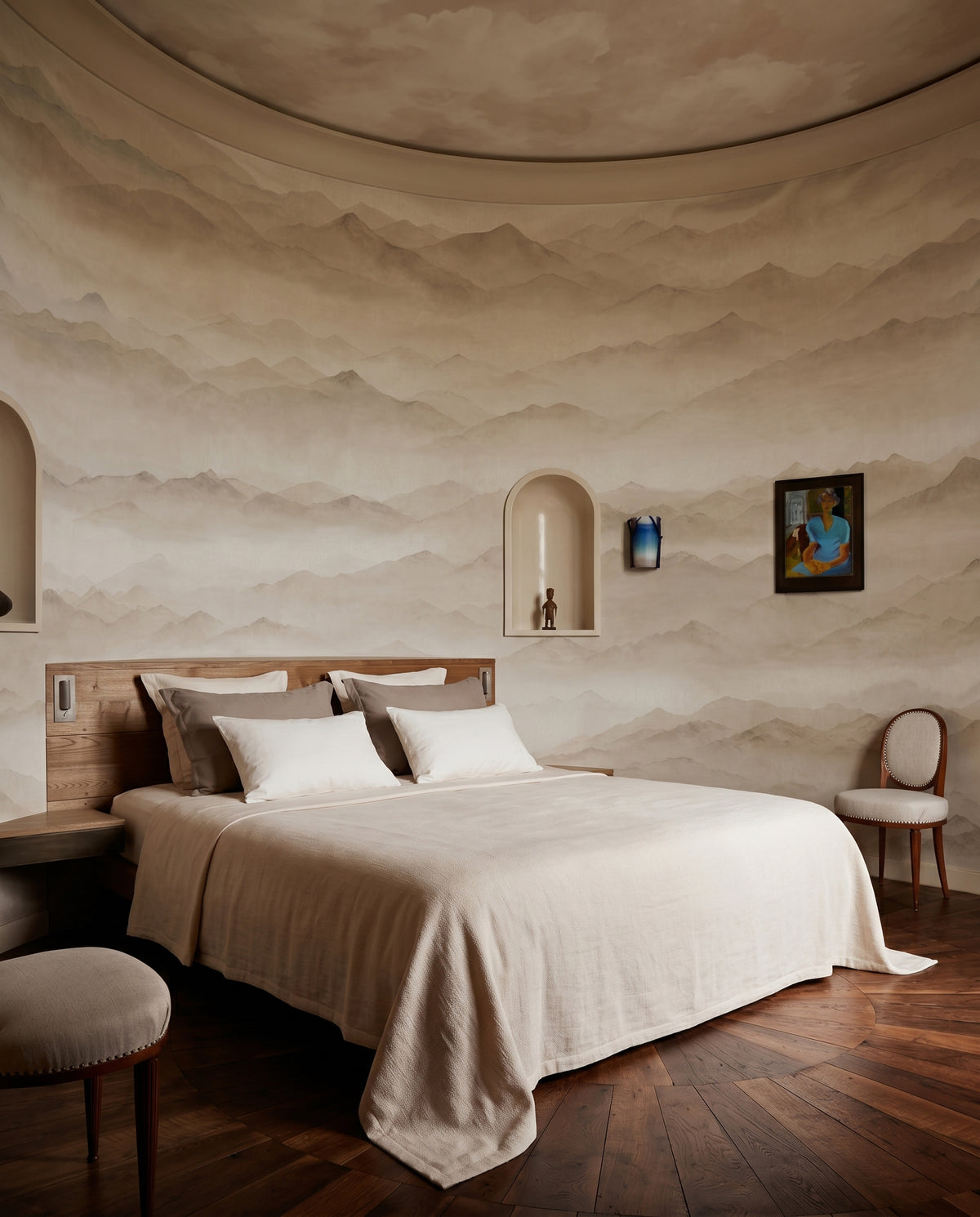 Misty mountain wall mural in a bedroom with foggy layered horizon., GD10379
