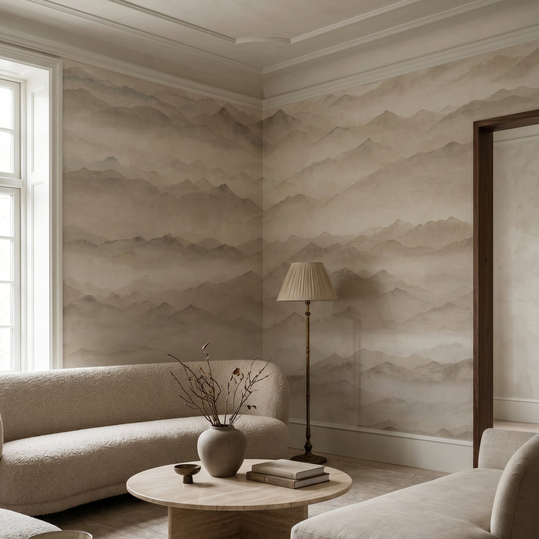 Earthy toned mountain ranges wall mural with gentle tonal depth shifts, GD10379
