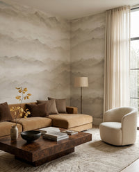 Beige layered peaks wall mural displayed in a living room space., GD10379