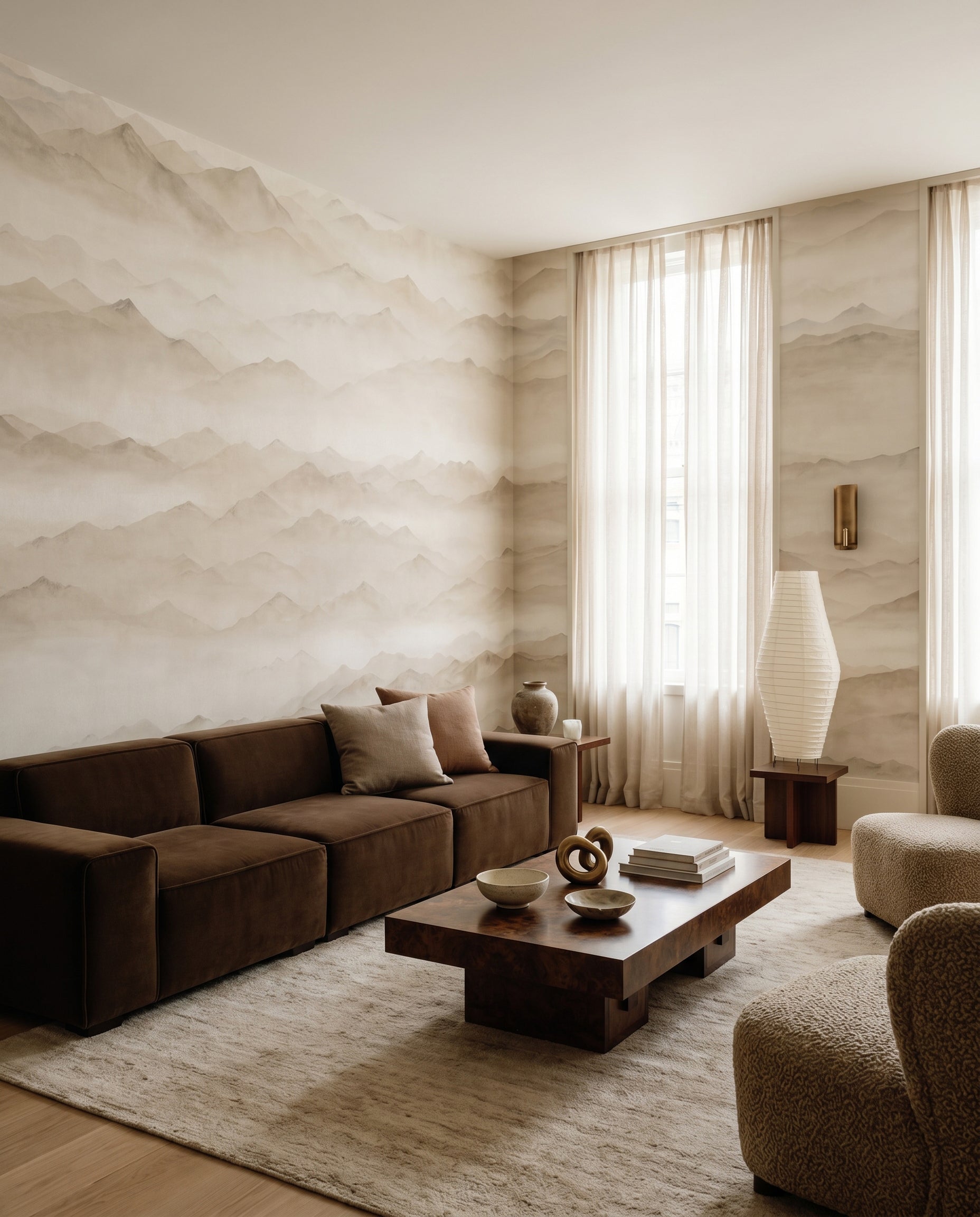 Wall mural with Soft fog drifting between layered mountain peaks in taupe., GD10379