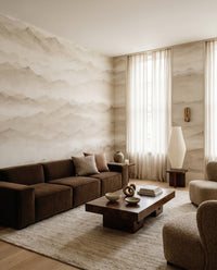 Wall mural with Soft fog drifting between layered mountain peaks in taupe., GD10379
