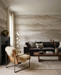 Muted landscape mural with overlapping ridge lines and mist in living  area., GD10379
