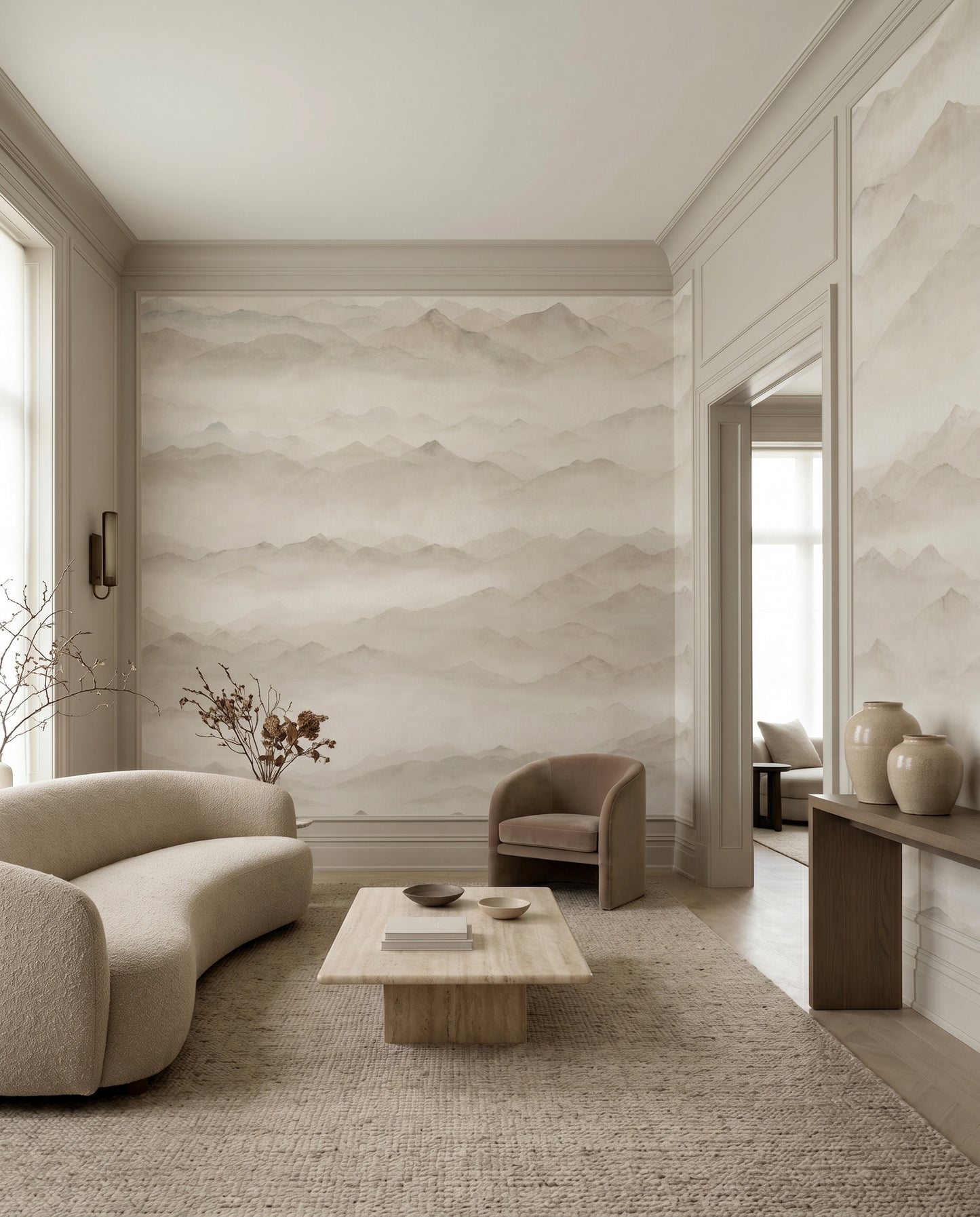 Grey and beige mountain silhouettes all mural with hazy horizon line., GD10379