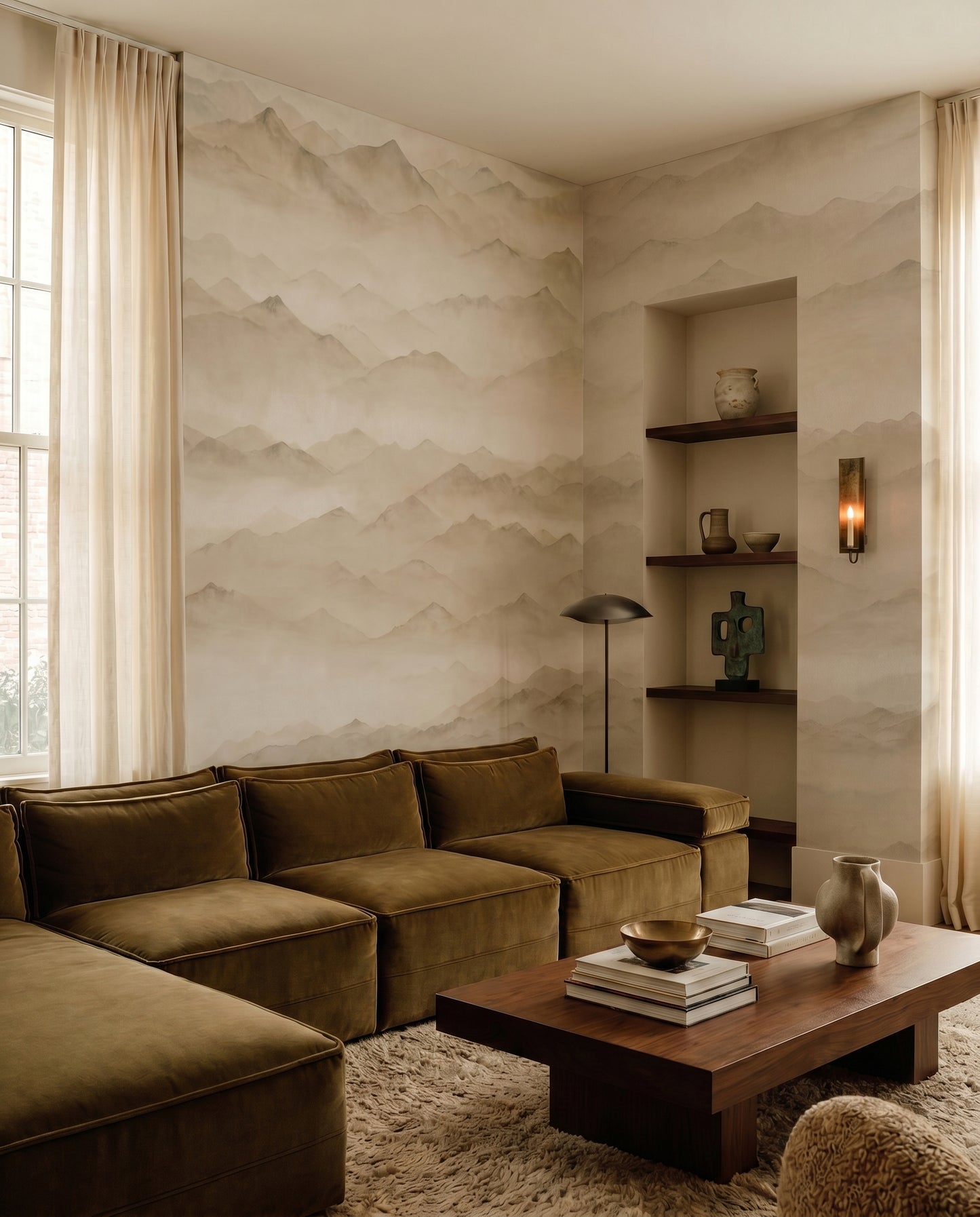 Panoramic mountain wall mural with soft gradient fog layers., GD10379