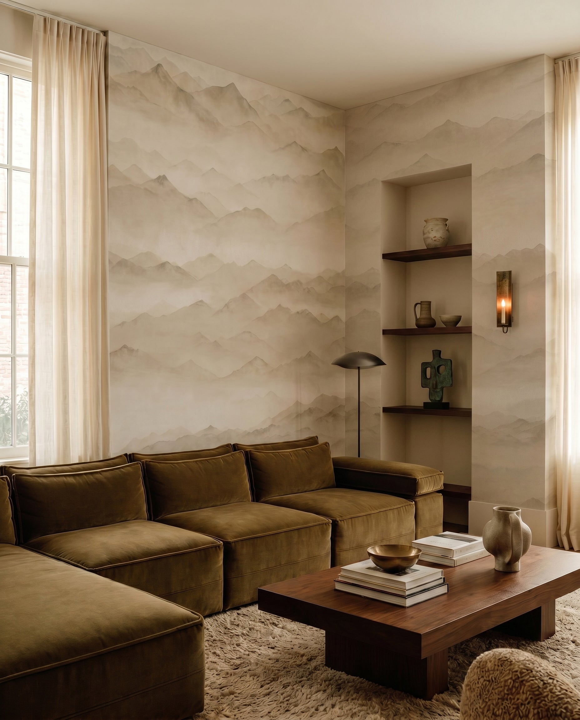 Panoramic mountain wall mural with soft gradient fog layers., GD10379