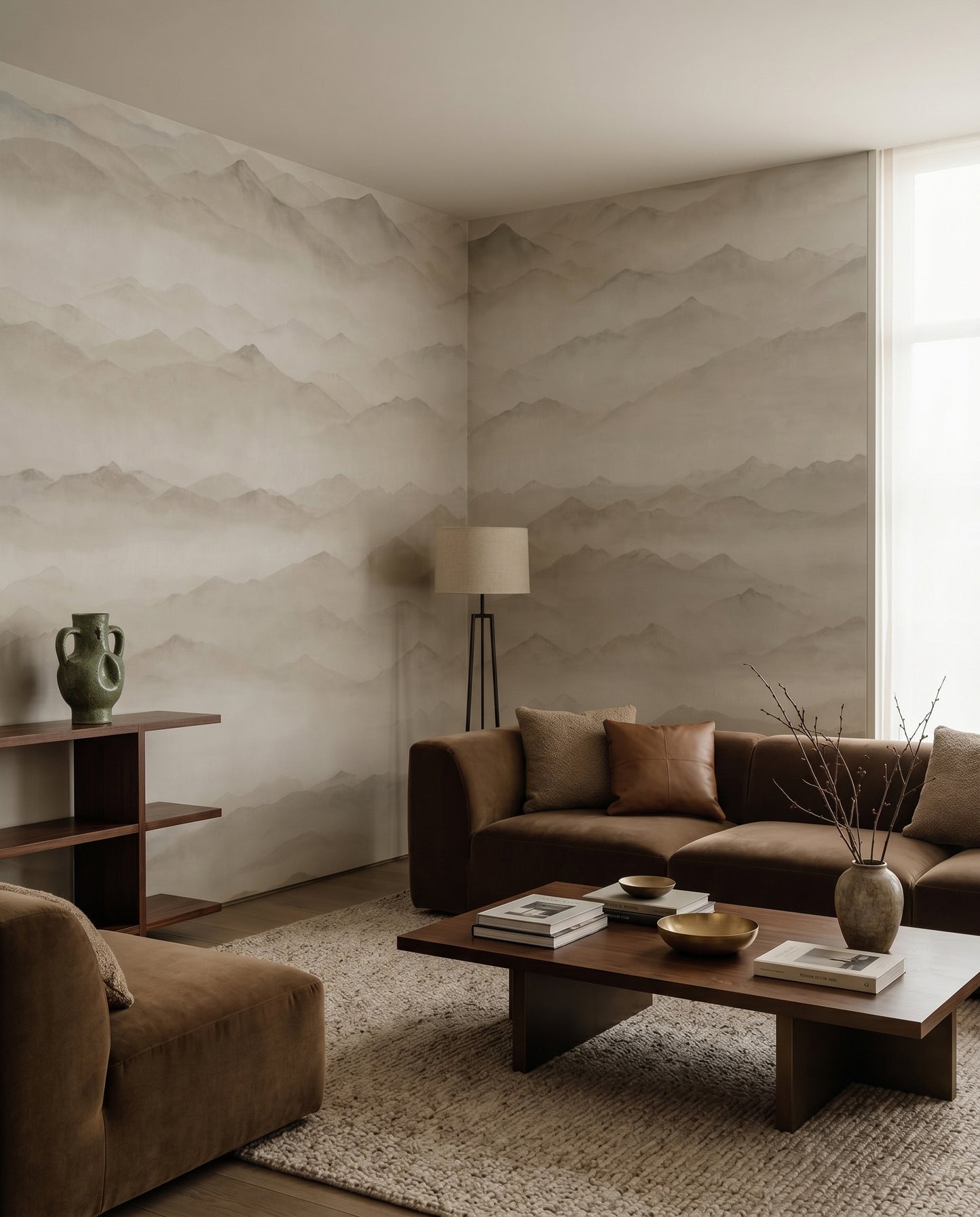 Multiple rows of misty peaks wall mural in muted earthy neutral tones., GD10379