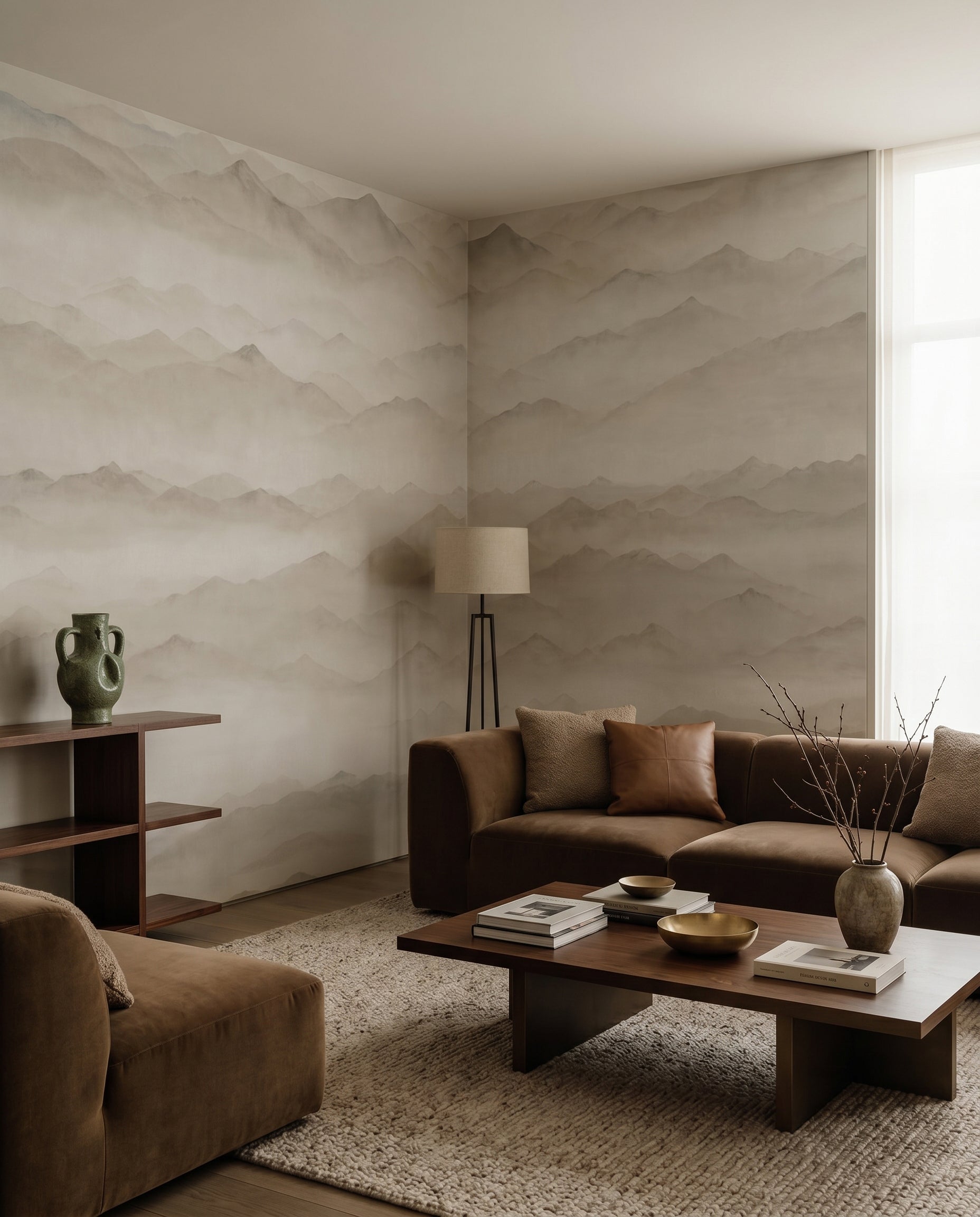 Multiple rows of misty peaks wall mural in muted earthy neutral tones., GD10379