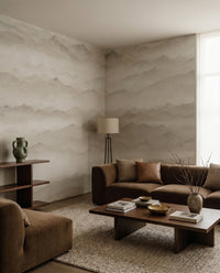 Multiple rows of misty peaks wall mural in muted earthy neutral tones., GD10379