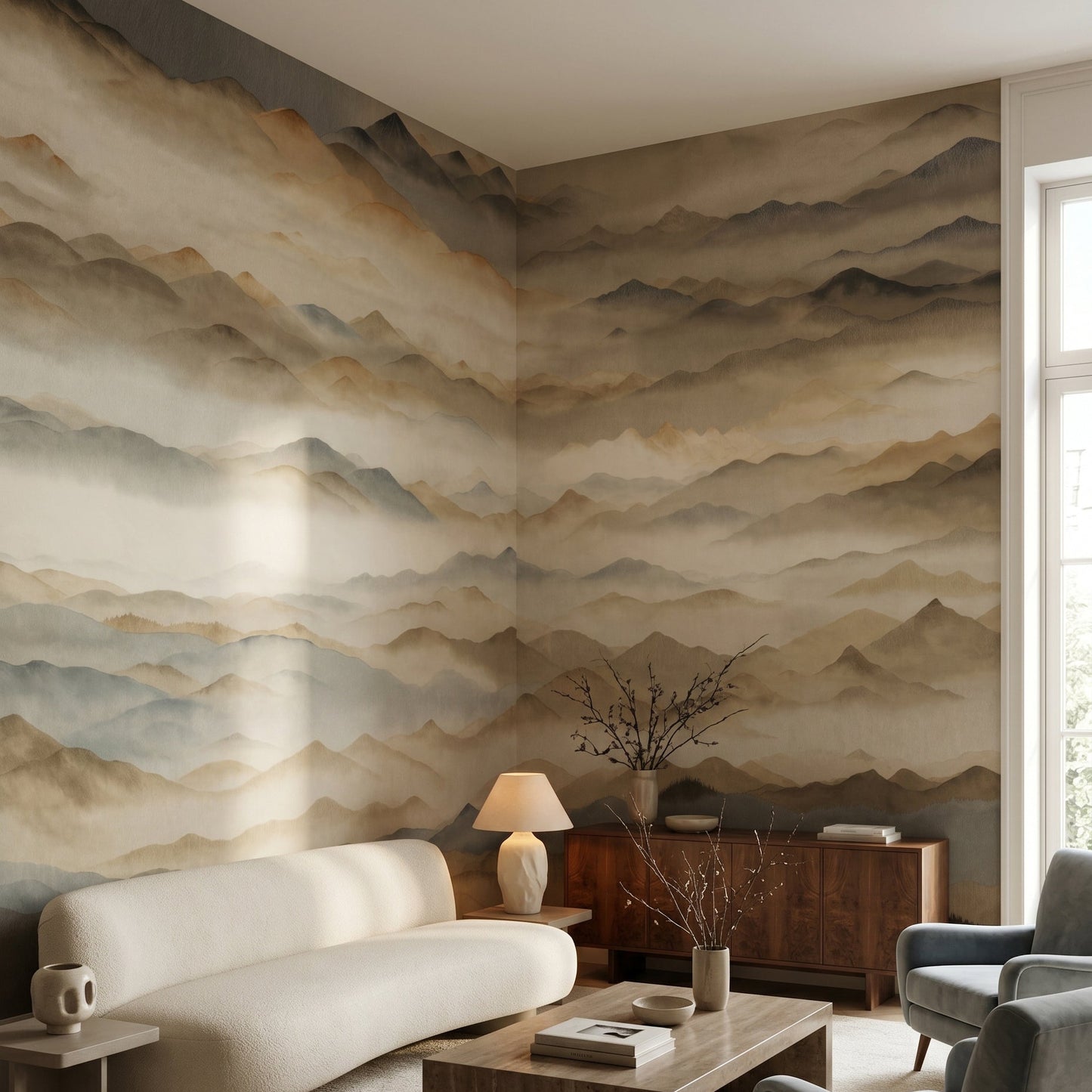 Muted gold and umber peaks wall muralwith blue-grey mist settling in between., GD10382