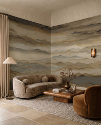 Warm brown and cool steel blue mountain wall mural with diffused twilight glow., GD10382