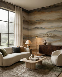 Earthy toned mountain ranges mural with alternating warm and cool ridge layers., GD10382