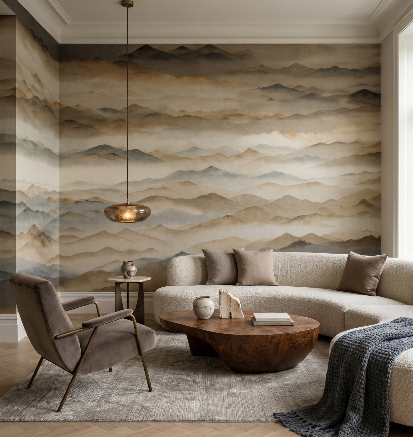 Layered mountain ridges mural featured across a living room wall., GD10382