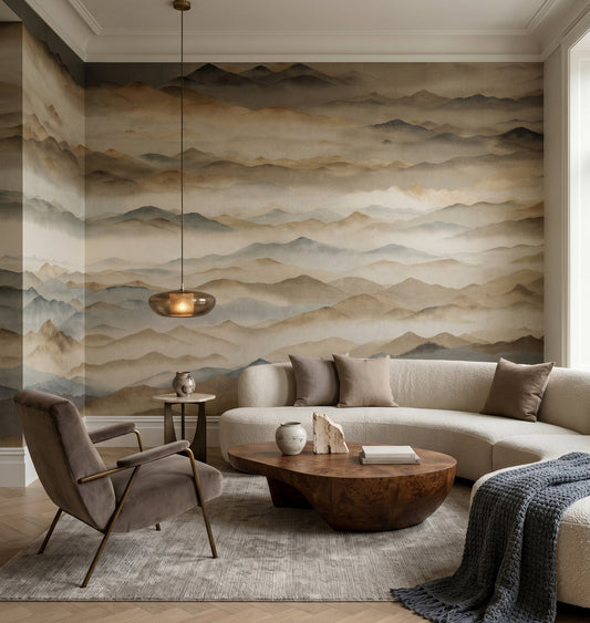 Layered mountain ridges mural featured across a living room wall.