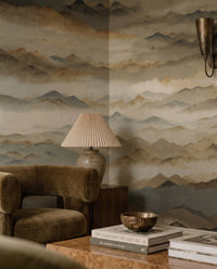 Panoramic highland wall mural with crowded peaks and valley fog., GD10382