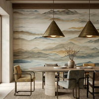 Warm tan and cool blue-grey mountain wall mural with diffused foggy horizon., GD10383