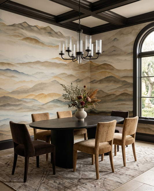 Ochre mountain valley wall mural featured in a dining room setting.