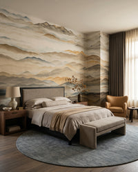 Bedroom wall mural with Slate blue and golden brown mountain layers dissolving into soft haze., GD10383