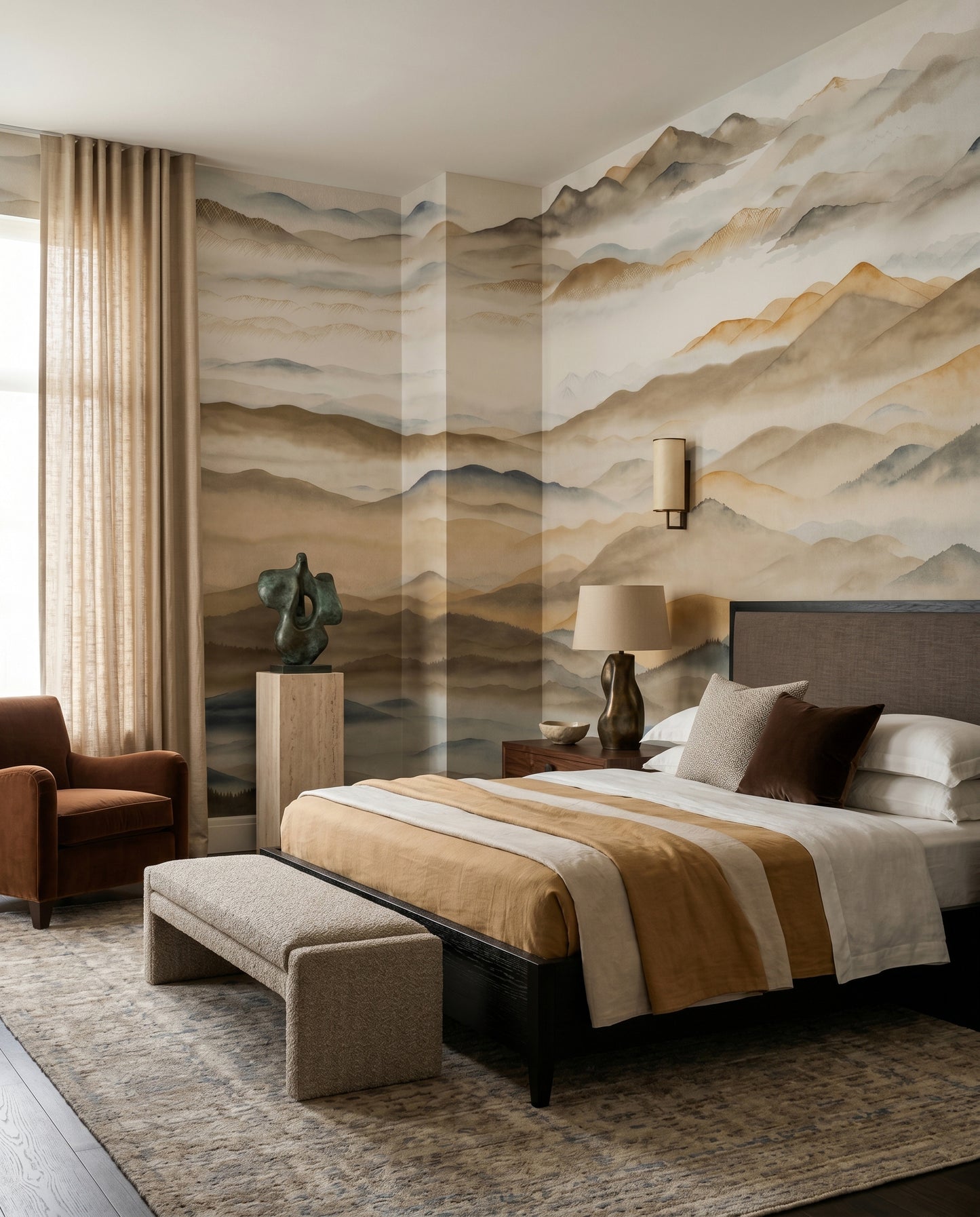 Open valley landscape mural with wide misty gap between ridge rows., GD10383